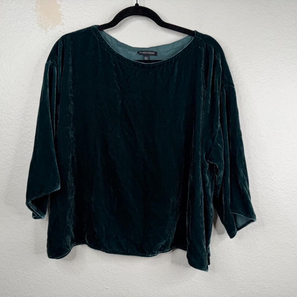 Eileen Fisher Women's Top Green Sz M Velvet 3/4 Sleeves Lagenlook Cocktail